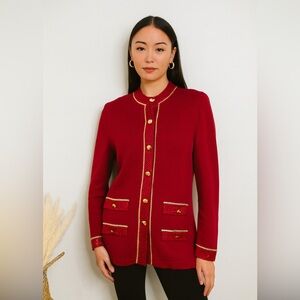 St.John Evening Red Santana Knit Button Long Jacket Gold Sequin Trim 4 Old Money